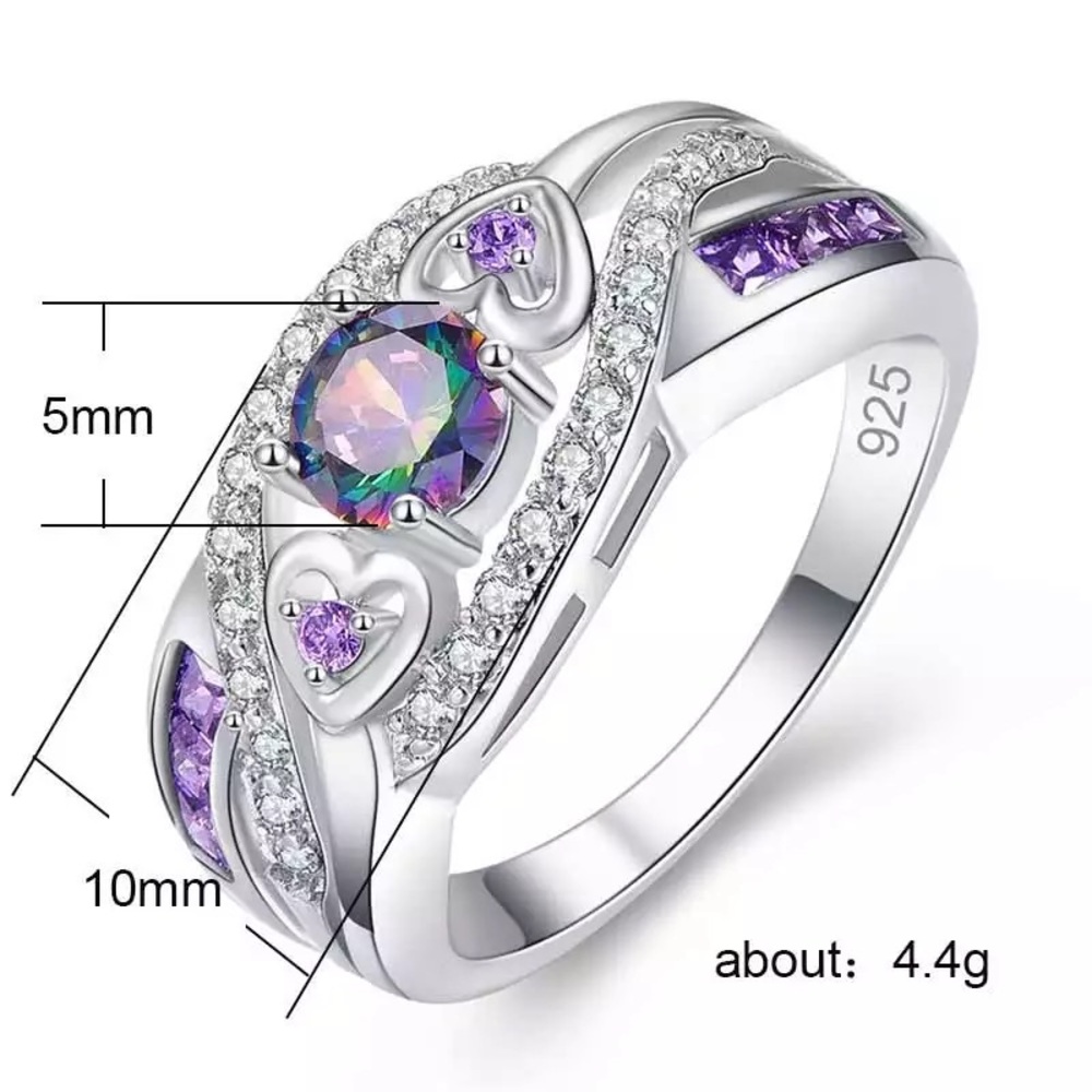 New 925 Silver Romantic Hearts Amethyst Ring - Picture 2 of 6